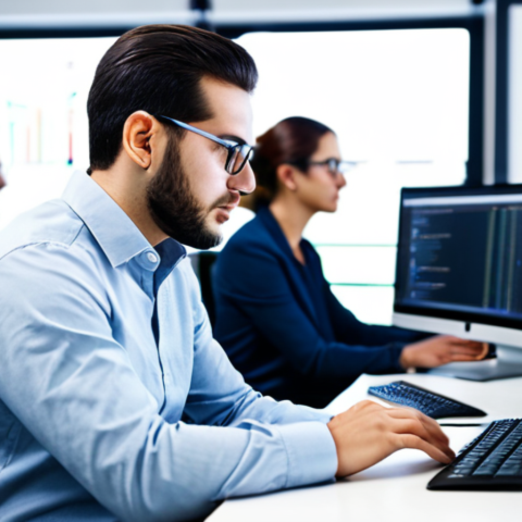 **
A professional software developer, fully clothed in modest business casual attire, sits at a brightly lit desk in a modern, open-plan office space. Several monitors display lines of code. Focus on the developer's face, showing concentration. Background includes other developers working collaboratively. Safe for work, appropriate content, professional setting, perfect anatomy, natural proportions, well-formed hands.
**