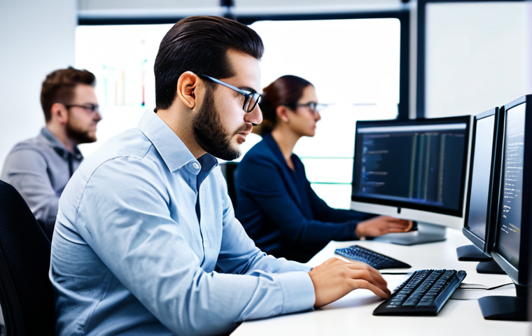 **
A professional software developer, fully clothed in modest business casual attire, sits at a brightly lit desk in a modern, open-plan office space. Several monitors display lines of code. Focus on the developer's face, showing concentration. Background includes other developers working collaboratively. Safe for work, appropriate content, professional setting, perfect anatomy, natural proportions, well-formed hands.
**