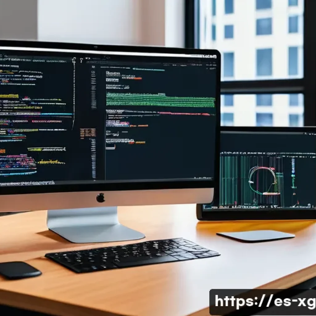JAMstack 아키텍처의 데이터 통합 방법 - A modern web developer’s workspace showcasing a dual-monitor setup displaying code editors with Reac...
